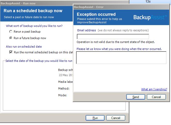 run a scheduled backup exception