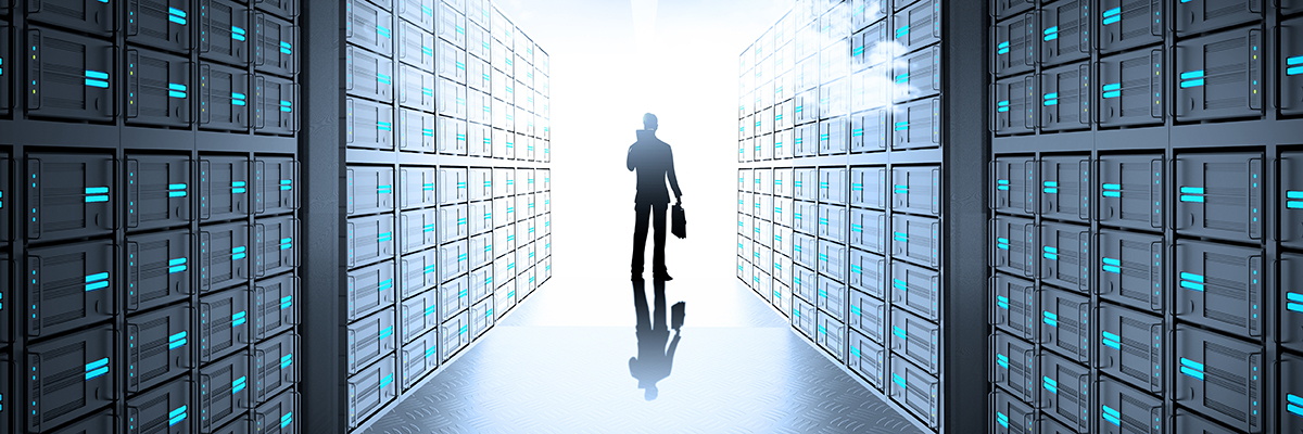 engineer business man in 3d network server room and cloud inside as concept