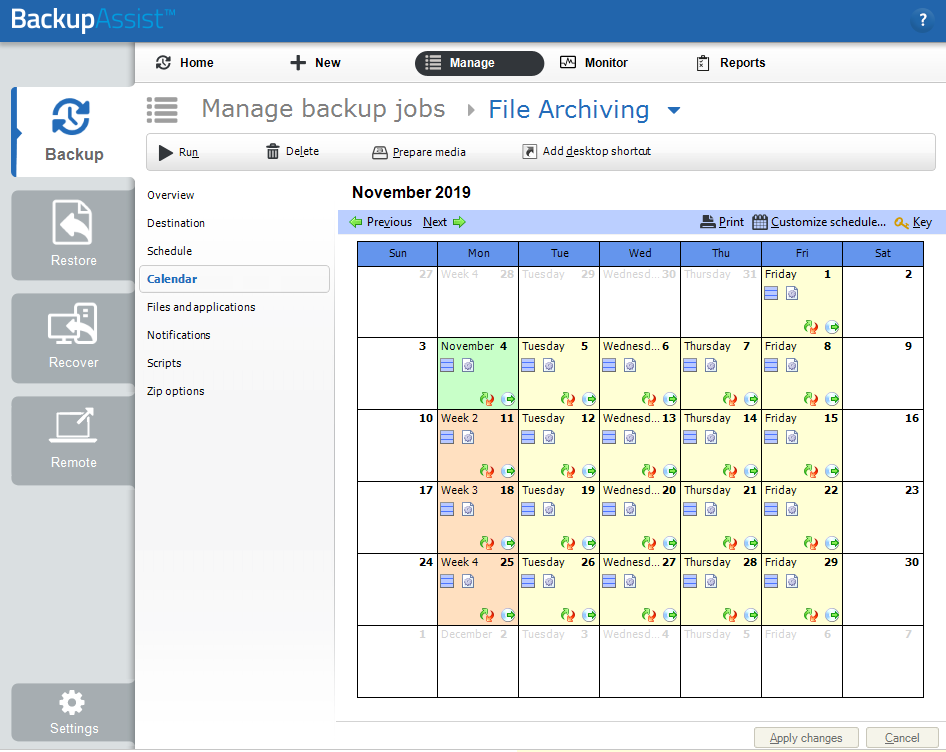 File Archiving Calendar screen