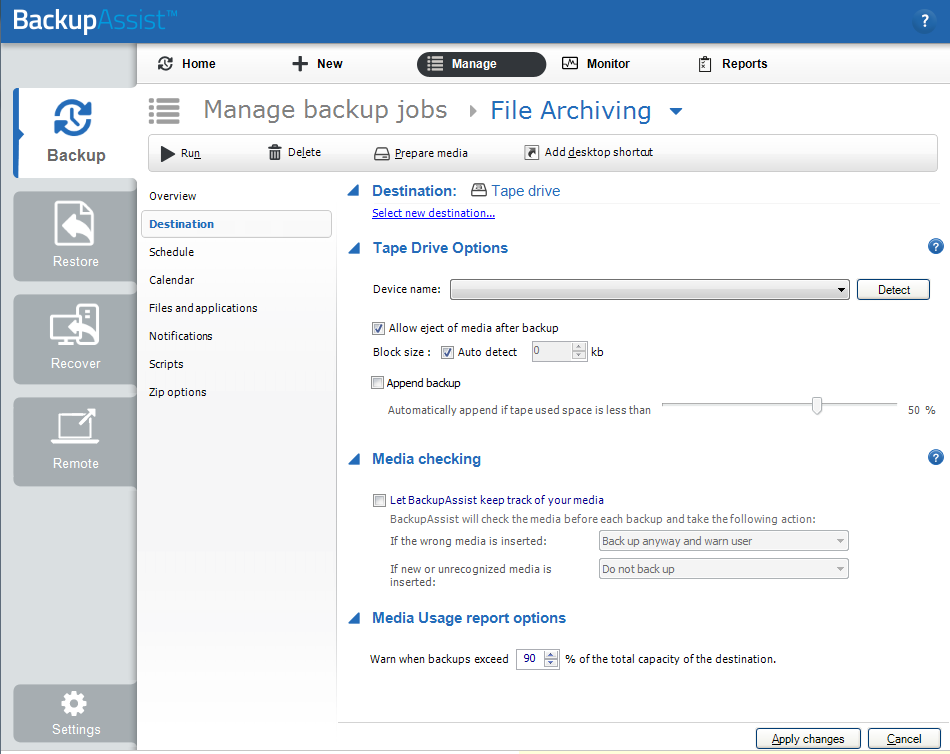 File Archiving tape backup settings