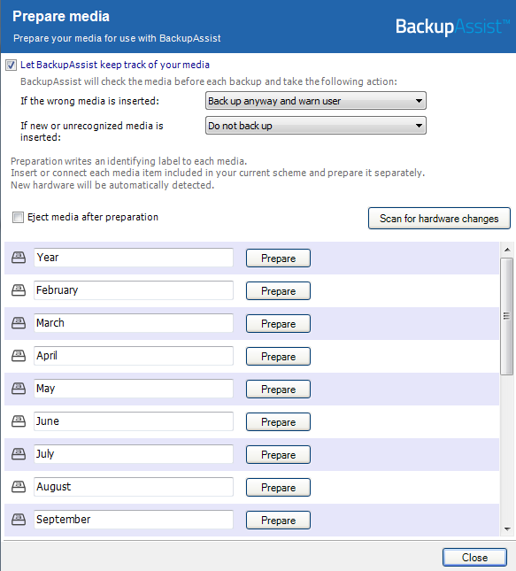 File Archiving prepare tape backup media screen