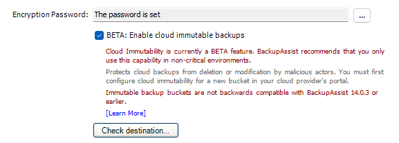 BackupAssist Classic UI - enable cloud immutability beta