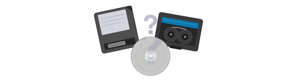 Illustration of legacy storage devices including a floppy disk and tape reel with a question mark, representing uncertainty around outdated formats.