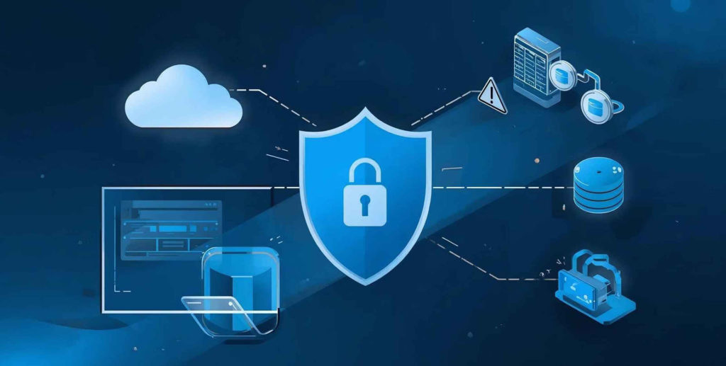 Visual representation of network security with a locked shield surrounded by cloud computing, servers, and database icons.