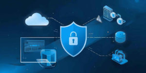 Visual representation of network security with a locked shield surrounded by cloud computing, servers, and database icons.