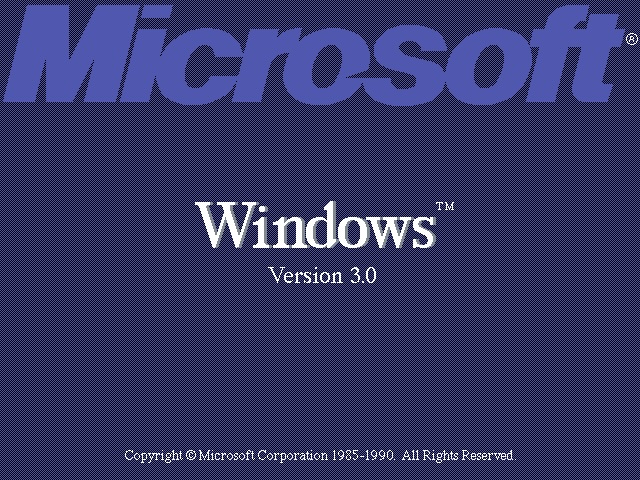 Classic Microsoft Windows Version 3.0 screen with prominent logo and minimalist text on a deep blue background.