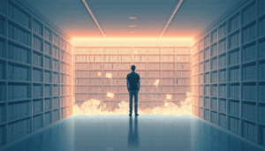 Person standing in a glowing archive room as digital files and records dissolve into light, symbolizing AI data loss and disappearing access.