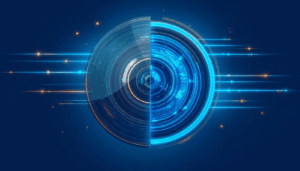 Abstract illustration comparing SMR and CMR hard drive recording technologies using layered blue data tracks and glowing circular storage patterns.