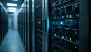 Server racks in a data center with one illuminated storage unit, representing NAS snapshots protecting backup data from ransomware.