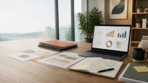 Executive workspace with cybersecurity framework comparison documents, charts, and analytics dashboard illustrating cybersecurity framework evaluation for small businesses.