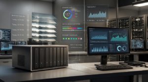 Network Attached Storage (NAS) device displaying snapshot timelines, backup validation, storage analytics, and recovery dashboards for ransomware resilience.