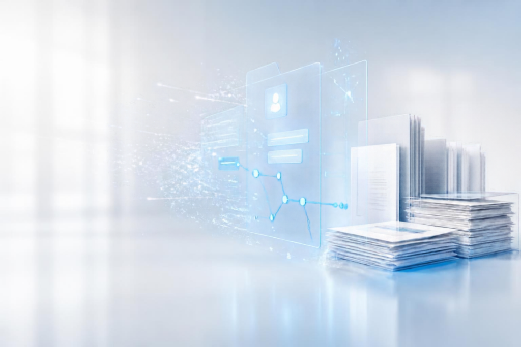 Digital business files and documents alongside a fragmented cloud interface, representing data access and digital lockout