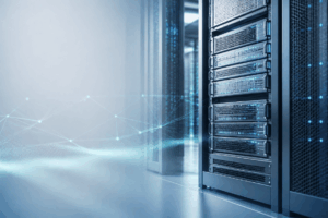 Server racks with blue indicator lights in a modern data centre